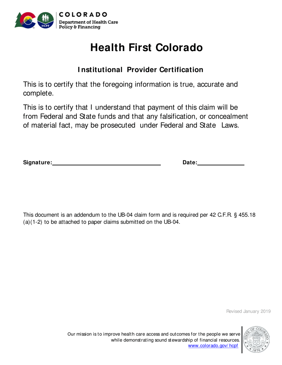 Institutional Provider Certification - Colorado, Page 1