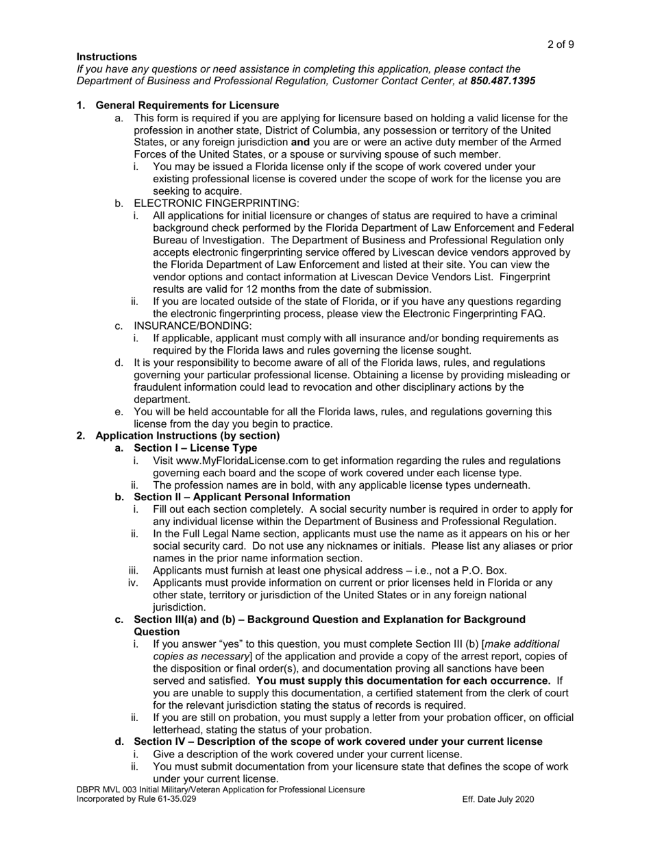 Form DBPR MVL003 Application for Initial Military / Veteran Application for Professional Licensure - Florida, Page 2