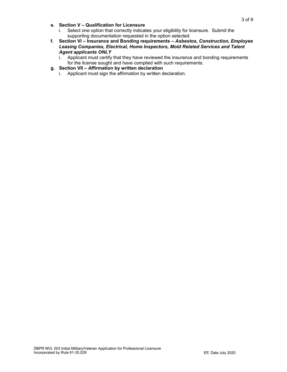 Form DBPR MVL003 Application for Initial Military / Veteran Application for Professional Licensure - Florida, Page 3