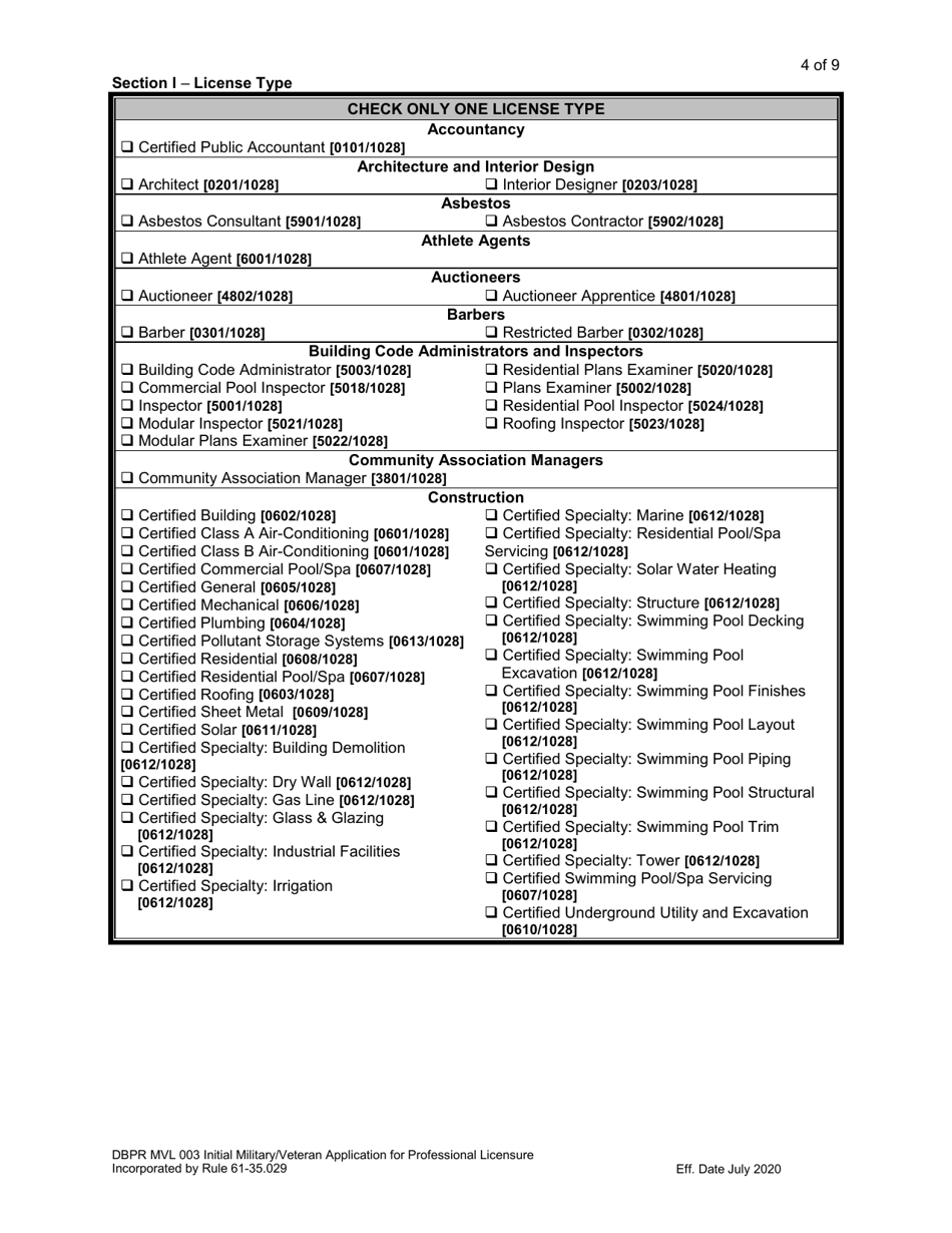 Form DBPR MVL003 Application for Initial Military / Veteran Application for Professional Licensure - Florida, Page 4