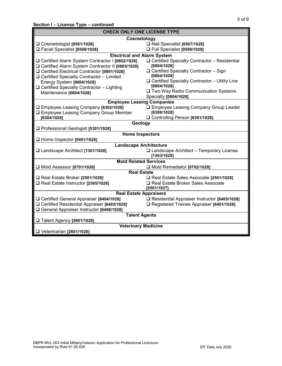 Form DBPR MVL003 Application for Initial Military / Veteran Application for Professional Licensure - Florida, Page 5