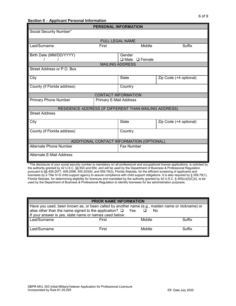 Form DBPR MVL003 Application for Initial Military / Veteran Application for Professional Licensure - Florida, Page 6