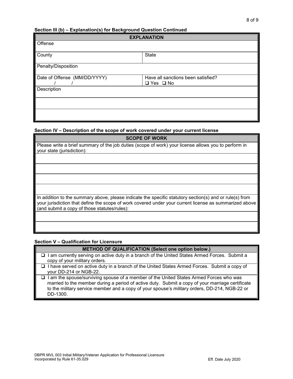 Form DBPR MVL003 Application for Initial Military / Veteran Application for Professional Licensure - Florida, Page 8