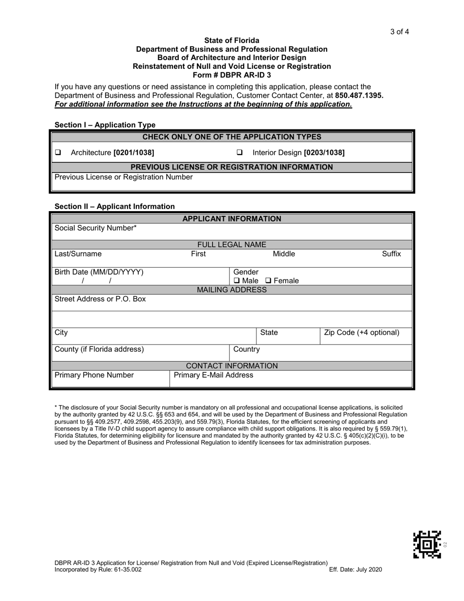 Form DBPR AR-ID3 Reinstatement of Null and Void License or Registration - Florida, Page 3