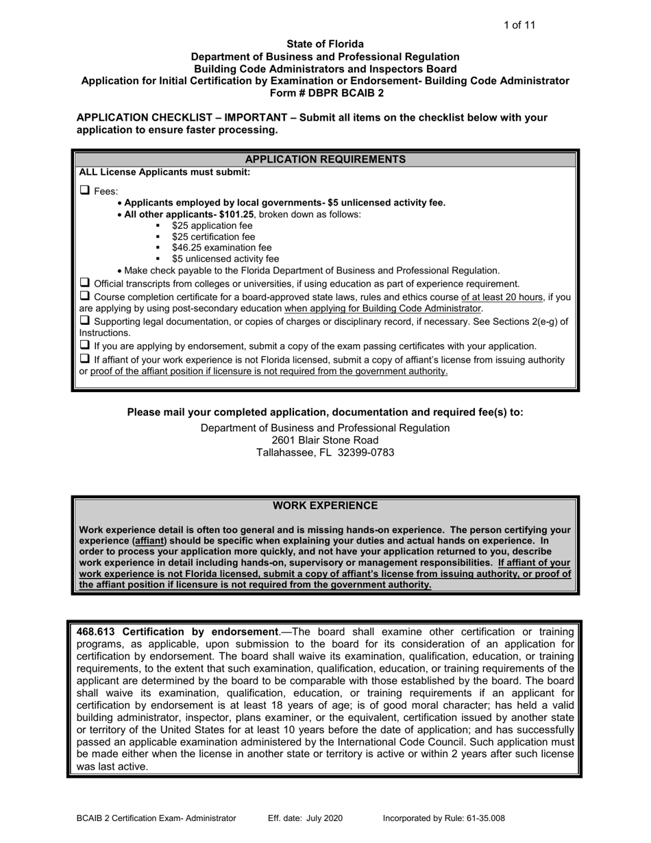 Form DBPR BCAIB2 Application for Initial Certification by Examination or Endorsement - Building Code Administrator - Florida, Page 1