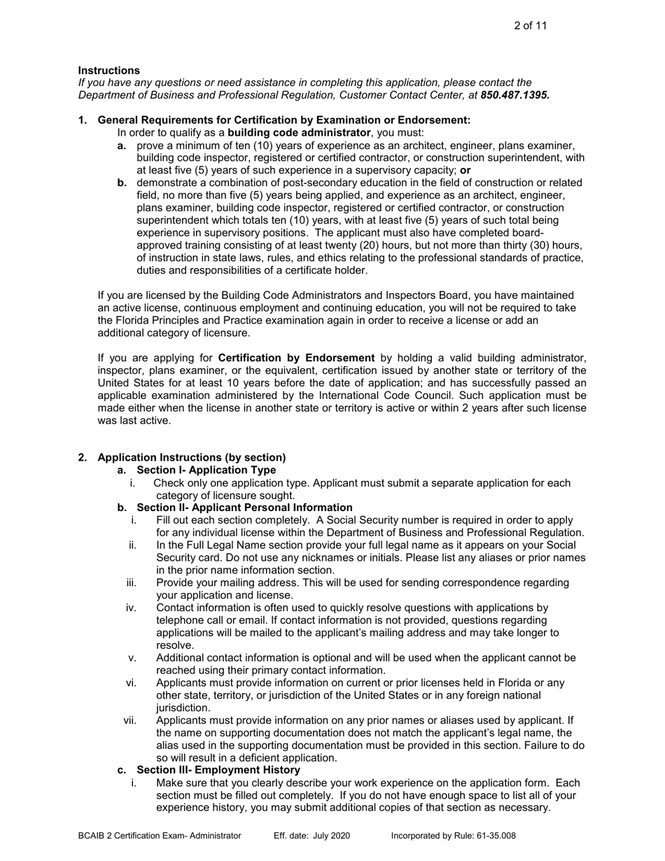 Form DBPR BCAIB2 Application for Initial Certification by Examination or Endorsement - Building Code Administrator - Florida, Page 2