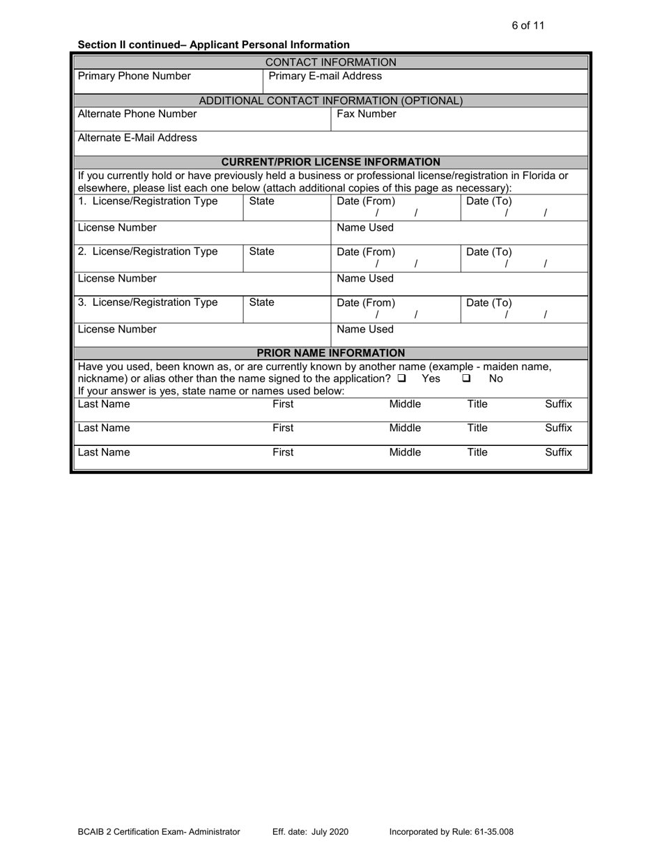 Form DBPR BCAIB2 Application for Initial Certification by Examination or Endorsement - Building Code Administrator - Florida, Page 6