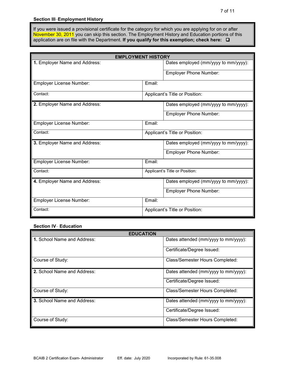 Form DBPR BCAIB2 Application for Initial Certification by Examination or Endorsement - Building Code Administrator - Florida, Page 7