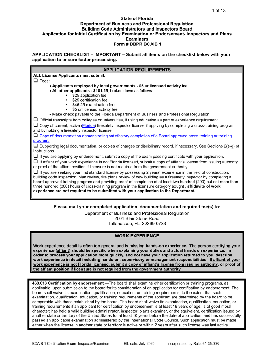 Form DBPR BCAIB1 Application for Initial Certification by Examination or Endorsement - Inspectors and Plans Examiners - Florida, Page 1