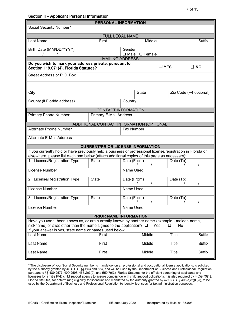 Form DBPR BCAIB1 Application for Initial Certification by Examination or Endorsement - Inspectors and Plans Examiners - Florida, Page 7