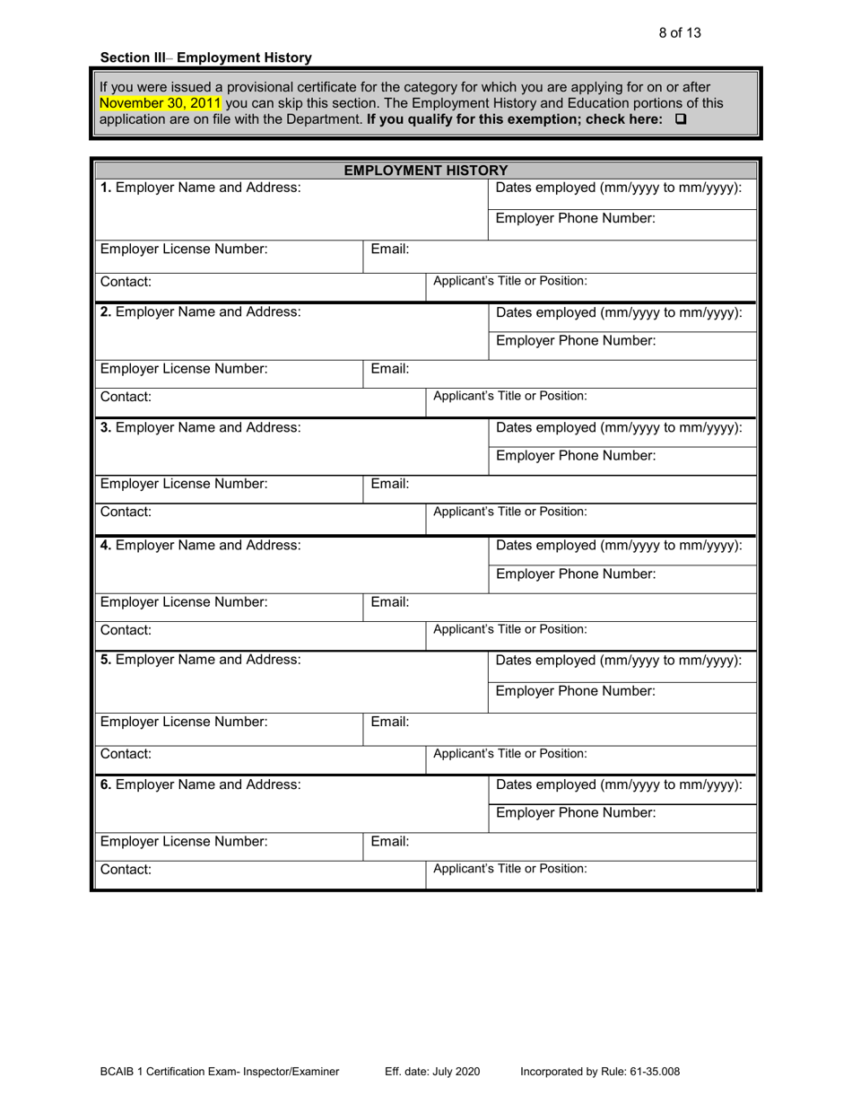 Form DBPR BCAIB1 Application for Initial Certification by Examination or Endorsement - Inspectors and Plans Examiners - Florida, Page 8