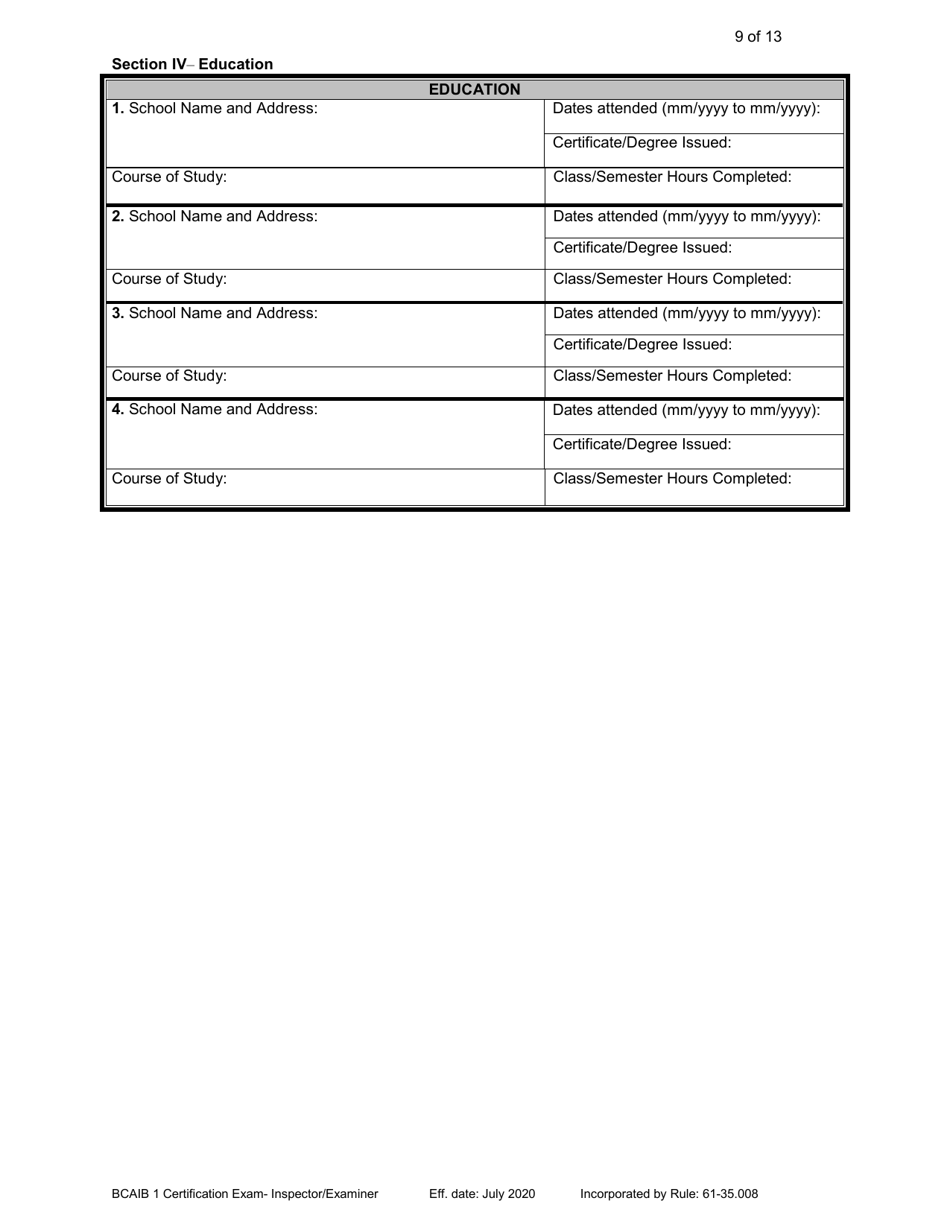 Form DBPR BCAIB1 Application for Initial Certification by Examination or Endorsement - Inspectors and Plans Examiners - Florida, Page 9