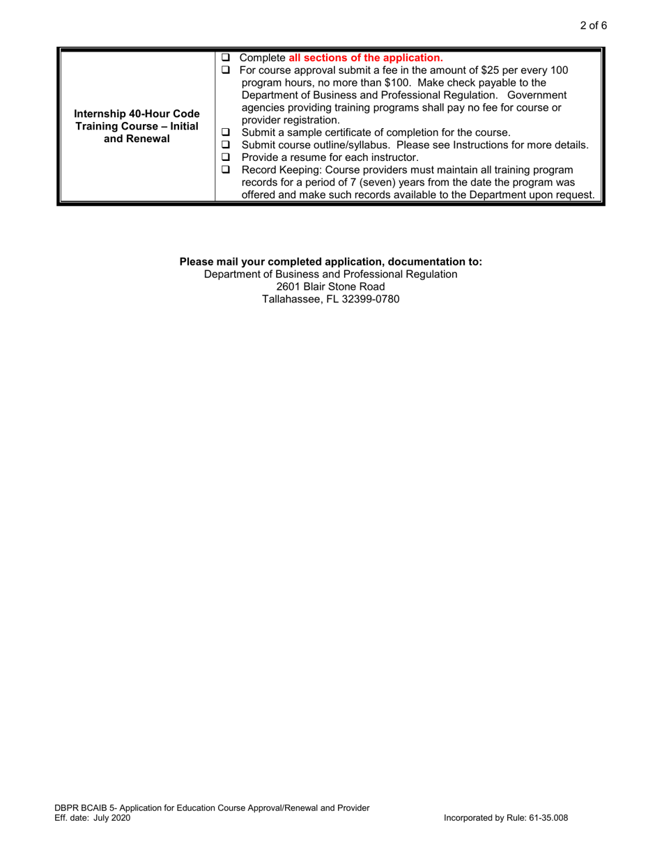 Form DBPR BCAIB5 Application for Education Course Approval / Renewal and Provider - Florida, Page 2