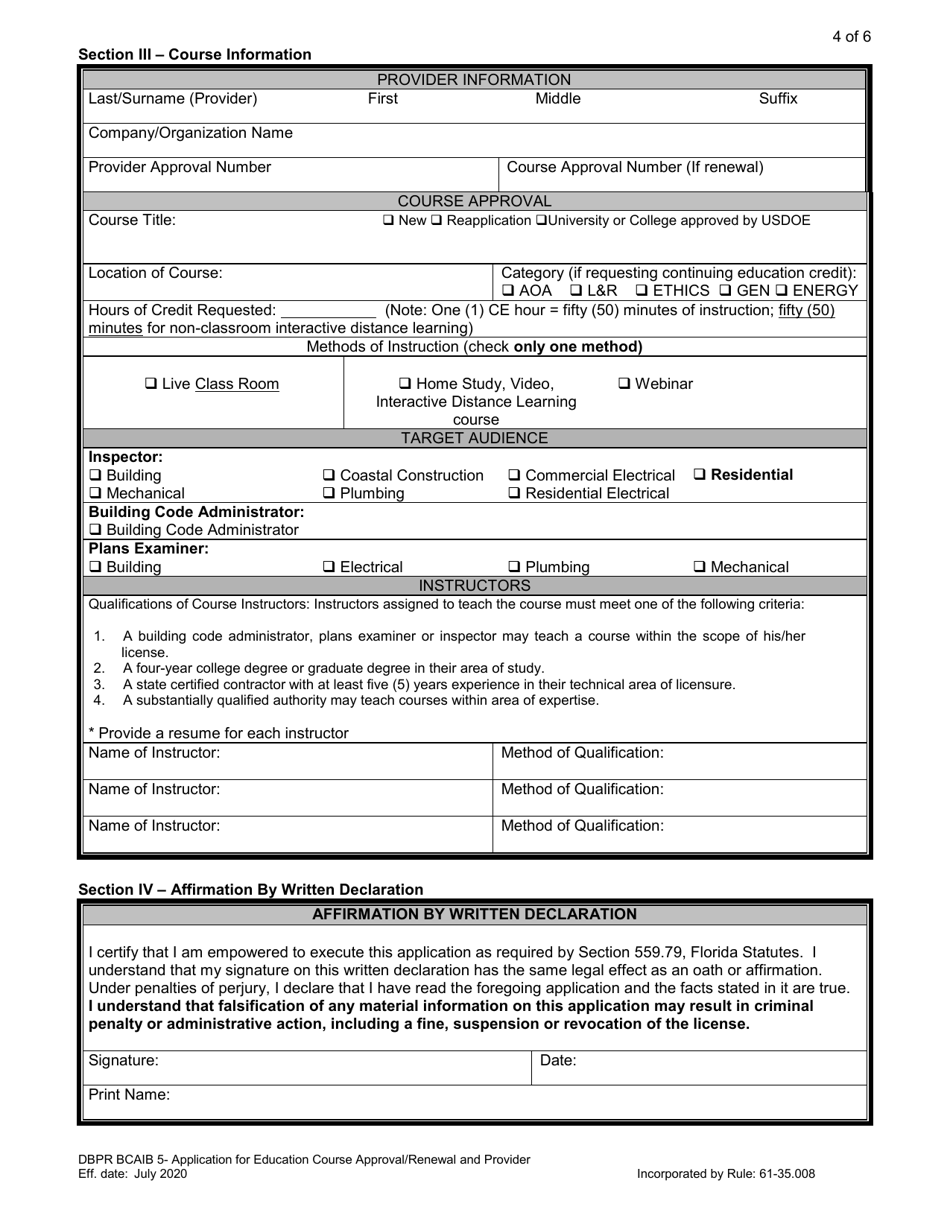 Form DBPR BCAIB5 Download Printable PDF or Fill Online Application for ...