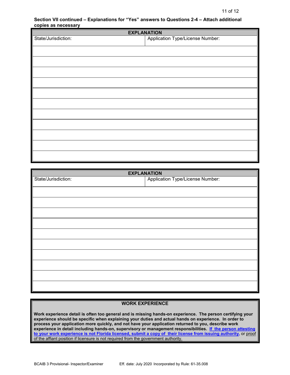 Form DBPR BCAIB3 Application for Provisional Certificate - Inspectors and Plans Examiners - Florida, Page 11