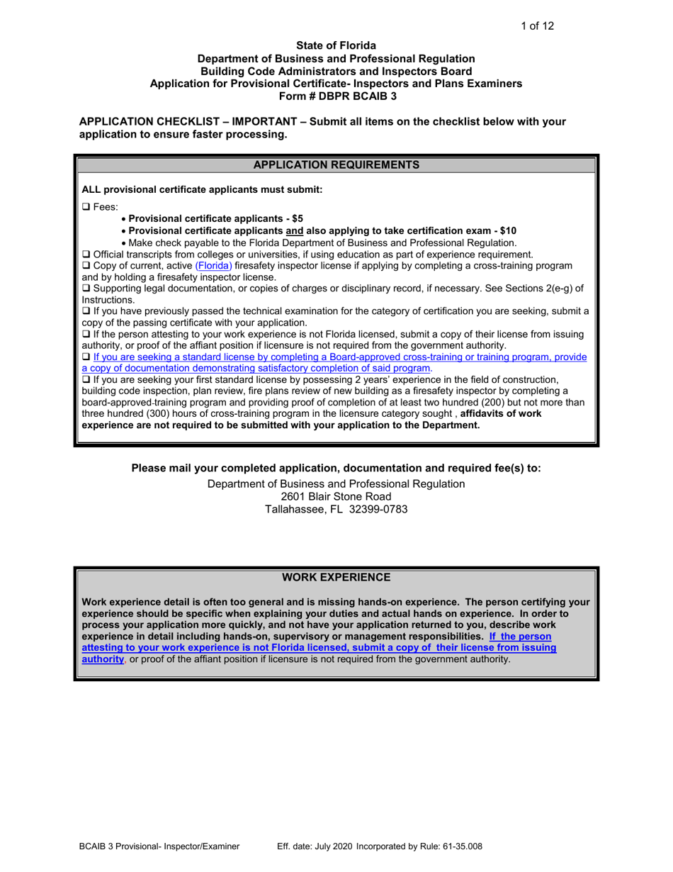 Form DBPR BCAIB3 Application for Provisional Certificate - Inspectors and Plans Examiners - Florida, Page 1