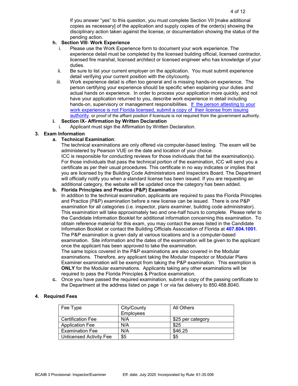 Form DBPR BCAIB3 Application for Provisional Certificate - Inspectors and Plans Examiners - Florida, Page 4