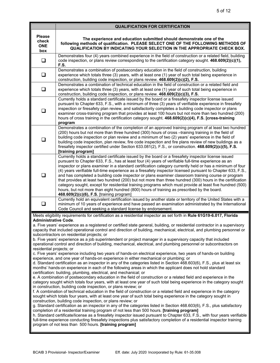 Form DBPR BCAIB3 Application for Provisional Certificate - Inspectors and Plans Examiners - Florida, Page 5