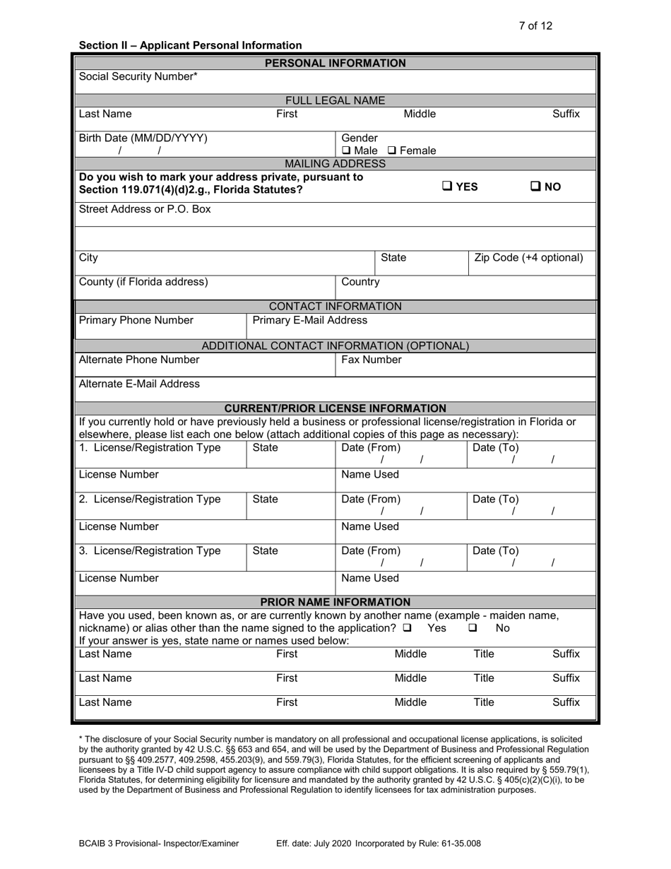 Form DBPR BCAIB3 Application for Provisional Certificate - Inspectors and Plans Examiners - Florida, Page 7