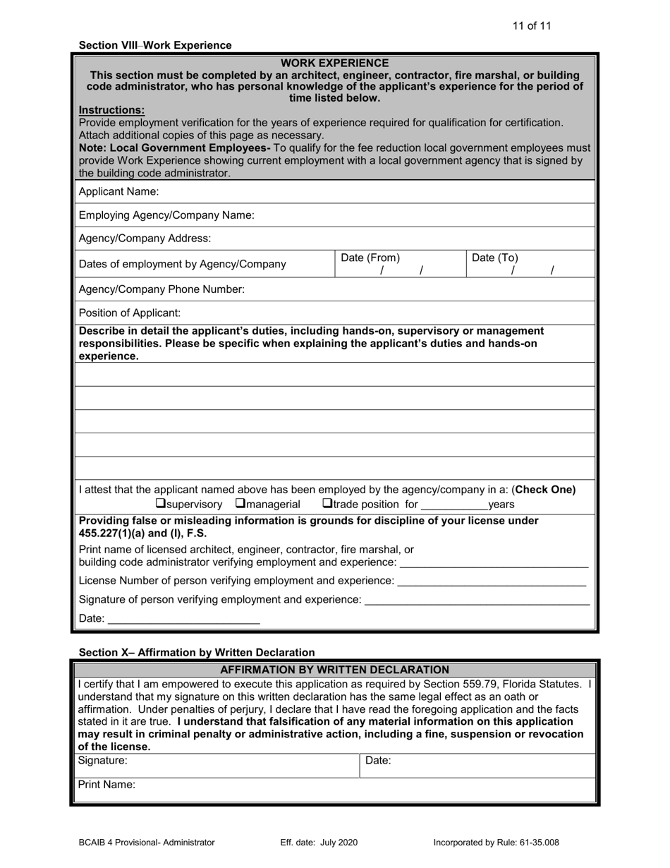 Form DBPR BCAIB4 Application for Provisional Certificate - Building Code Administrator - Florida, Page 11