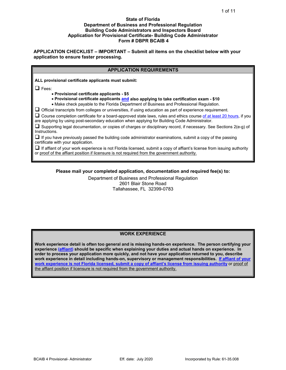 Form DBPR BCAIB4 Application for Provisional Certificate - Building Code Administrator - Florida, Page 1