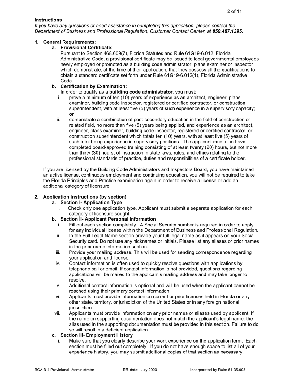 Form DBPR BCAIB4 Application for Provisional Certificate - Building Code Administrator - Florida, Page 2