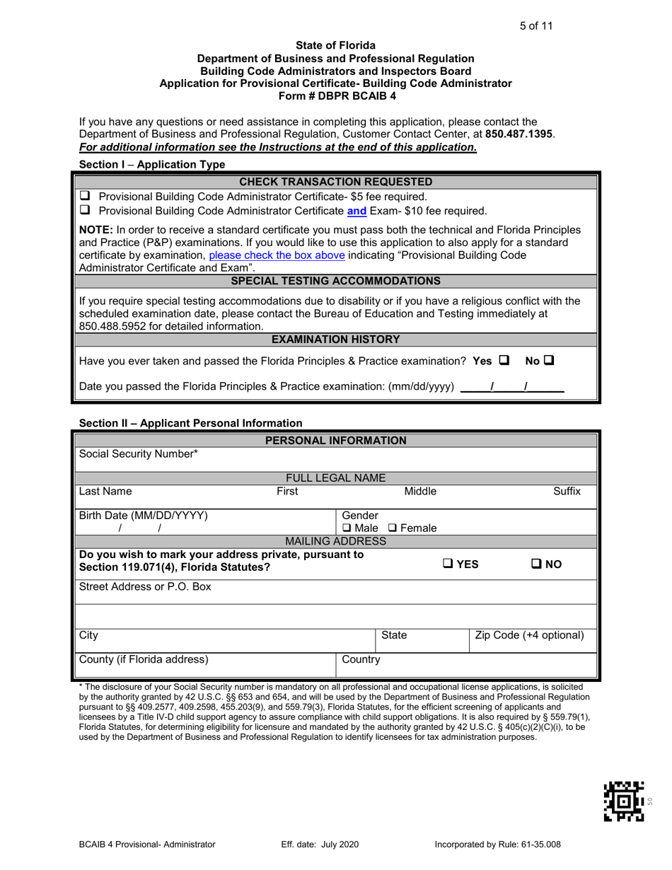 Form DBPR BCAIB4 Application for Provisional Certificate - Building Code Administrator - Florida, Page 5