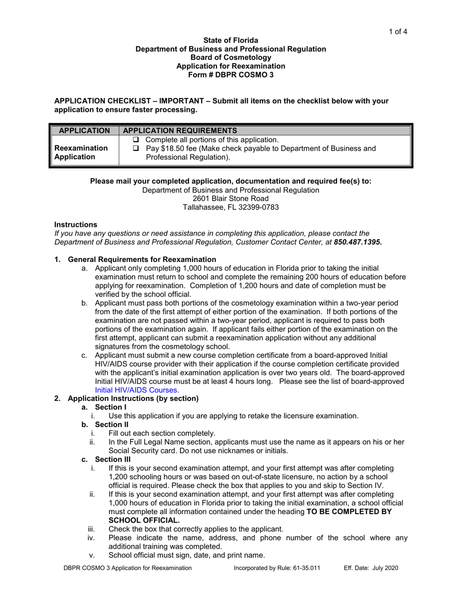 Form DBPR COSMO3 Application for Reexamination - Florida, Page 1