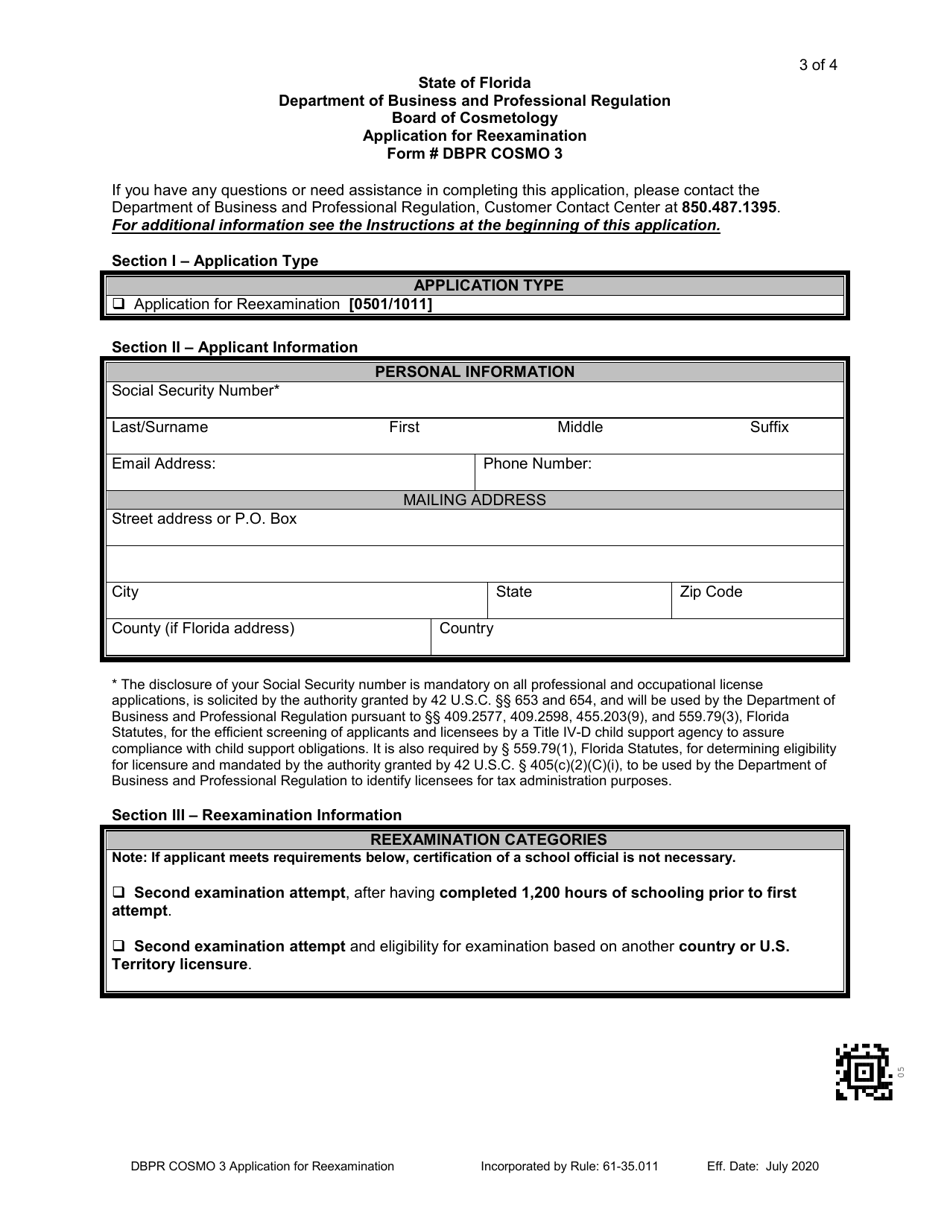 Form DBPR COSMO3 Application for Reexamination - Florida, Page 3