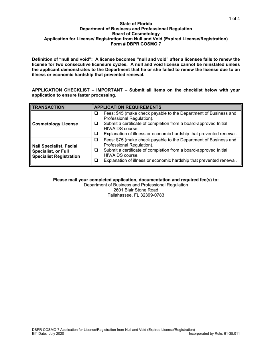 Form DBPR COSMO7 Application for License / Registration From Null and Void (Expired License / Registration) - Florida, Page 1