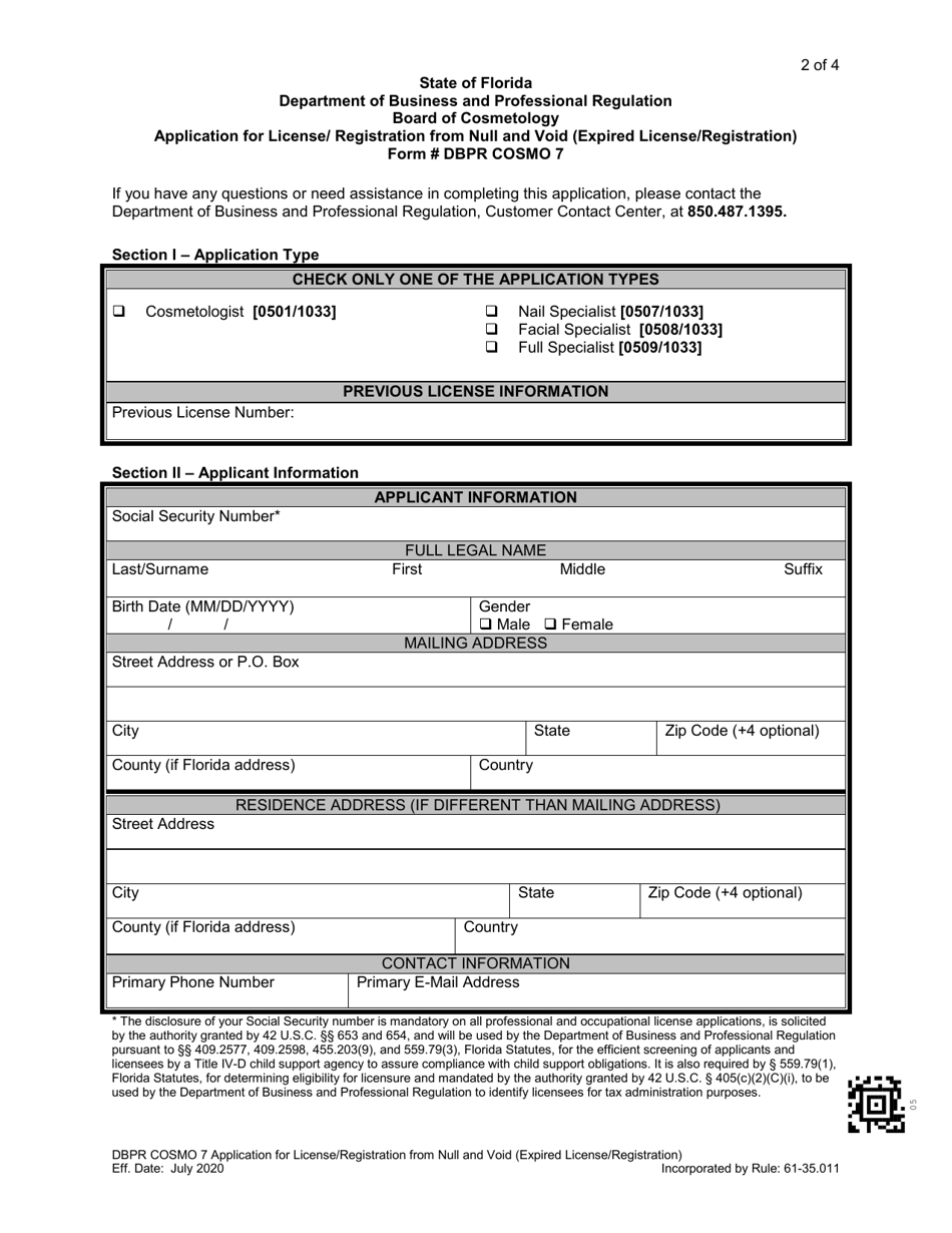 Form DBPR COSMO7 Application for License / Registration From Null and Void (Expired License / Registration) - Florida, Page 2