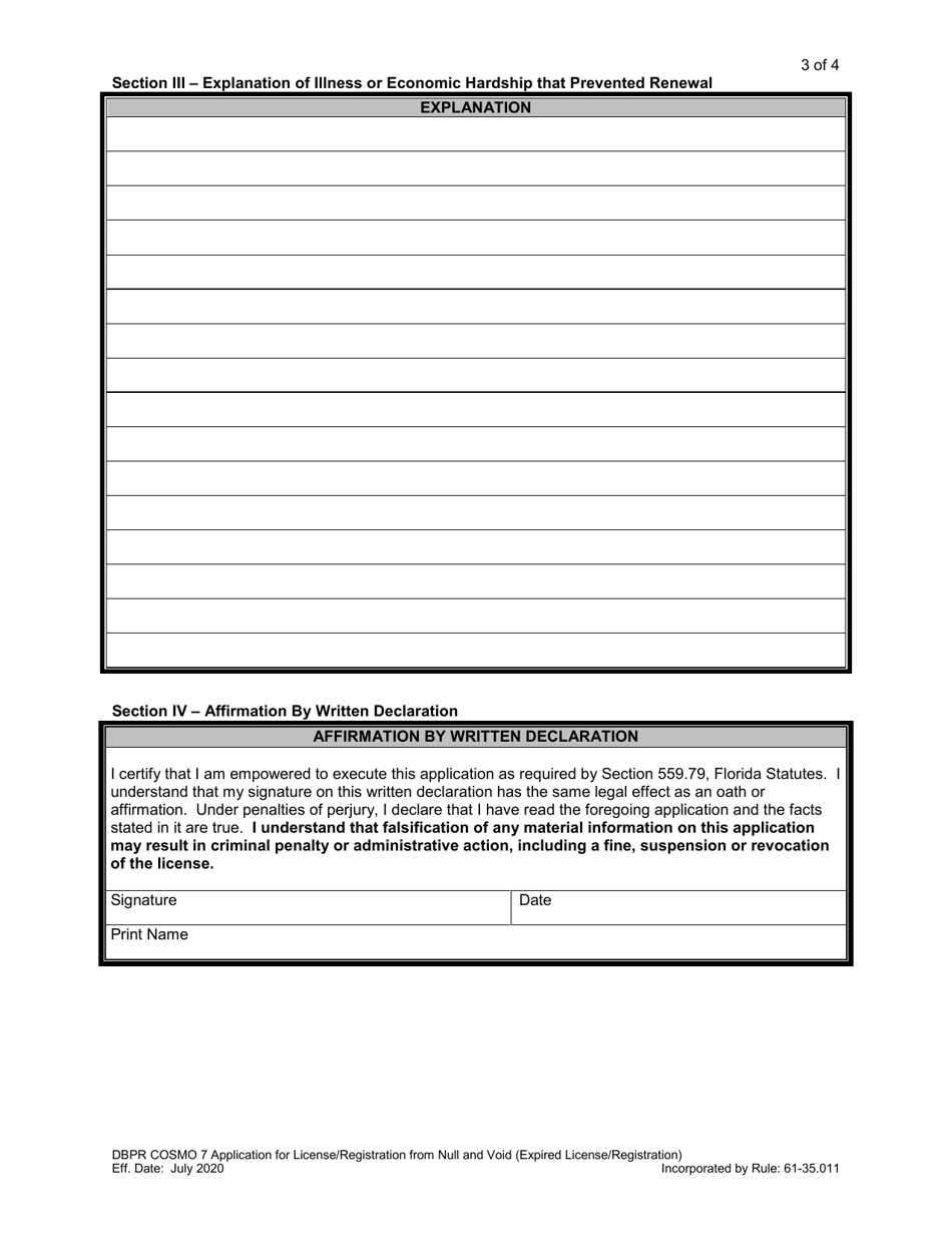 Form DBPR COSMO7 Application for License / Registration From Null and Void (Expired License / Registration) - Florida, Page 3