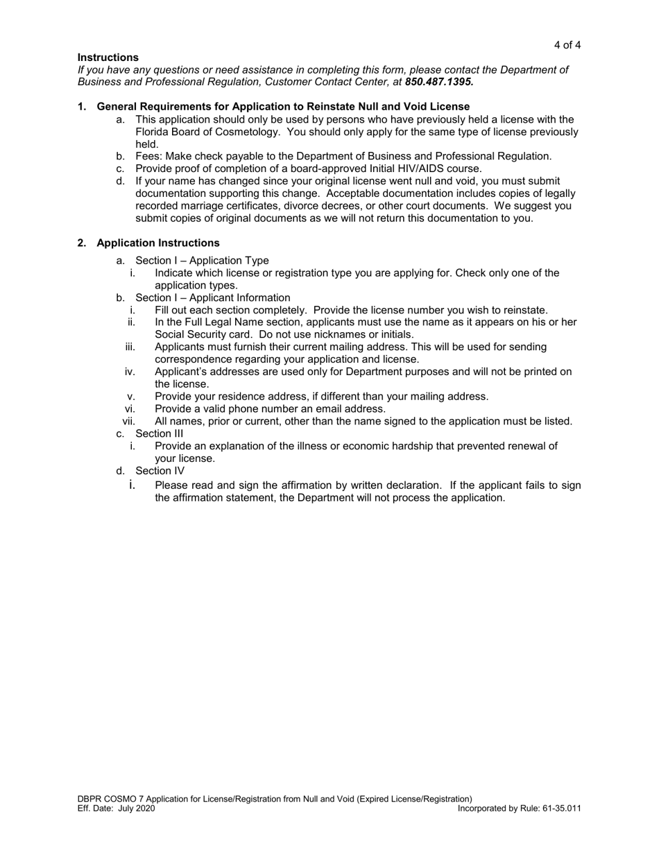 Form DBPR COSMO7 Application for License / Registration From Null and Void (Expired License / Registration) - Florida, Page 4