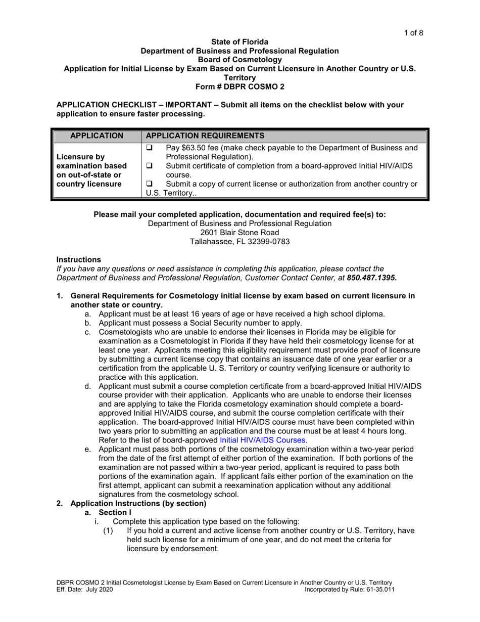 Form DBPR COSMO2 Application for Initial License by Exam Based on Current Licensure in Another Country or U.S. Territory - Florida, Page 1