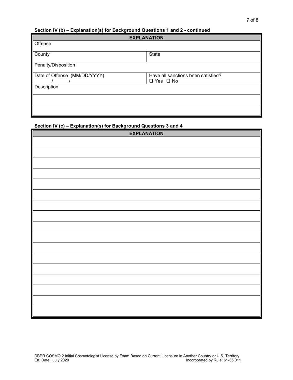 Form DBPR COSMO2 Application for Initial License by Exam Based on Current Licensure in Another Country or U.S. Territory - Florida, Page 7
