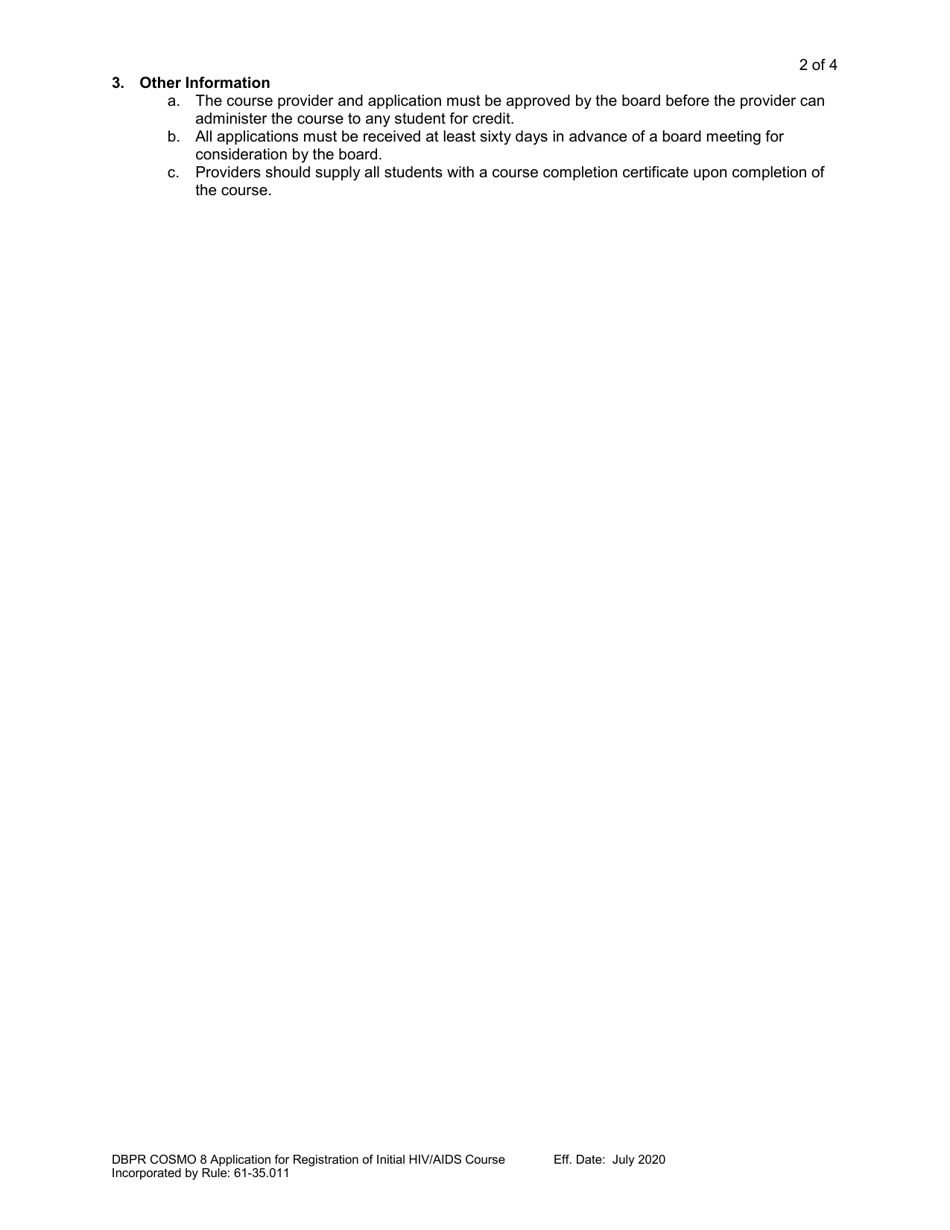 Form DBPR COSMO8 Application for Registration of Initial HIV / AIDS Course - Florida, Page 2