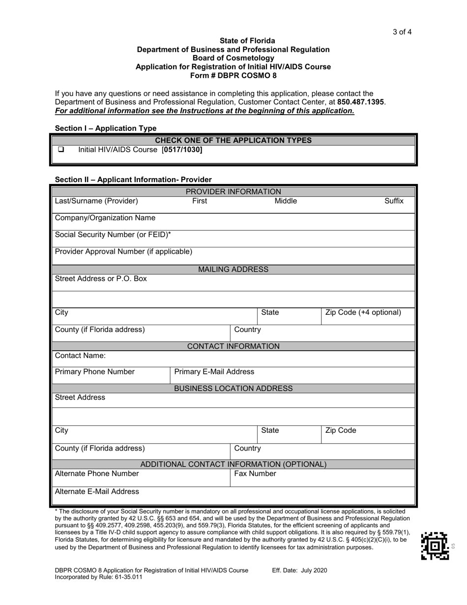 Form DBPR COSMO8 Application for Registration of Initial HIV / AIDS Course - Florida, Page 3