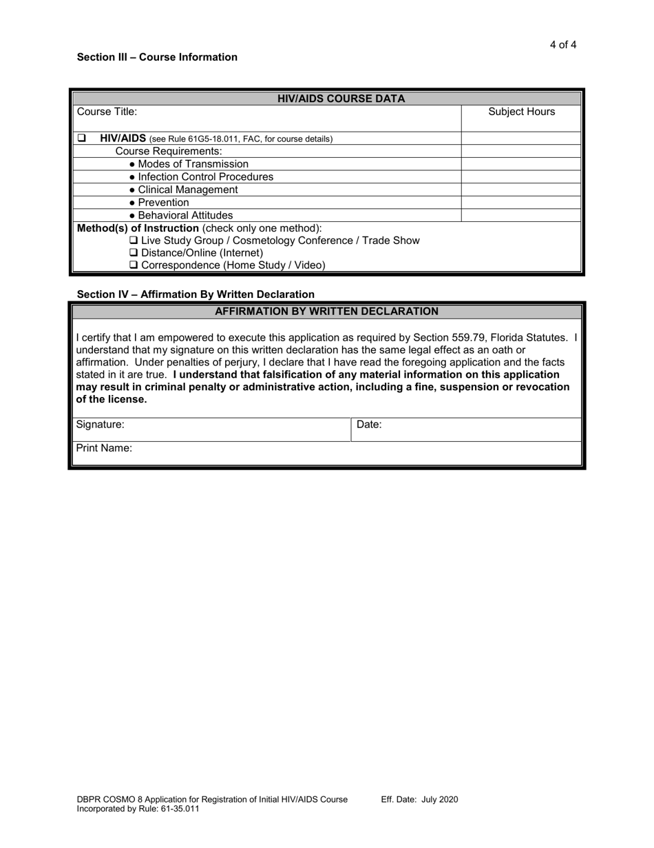 Form DBPR COSMO8 Application for Registration of Initial HIV / AIDS Course - Florida, Page 4