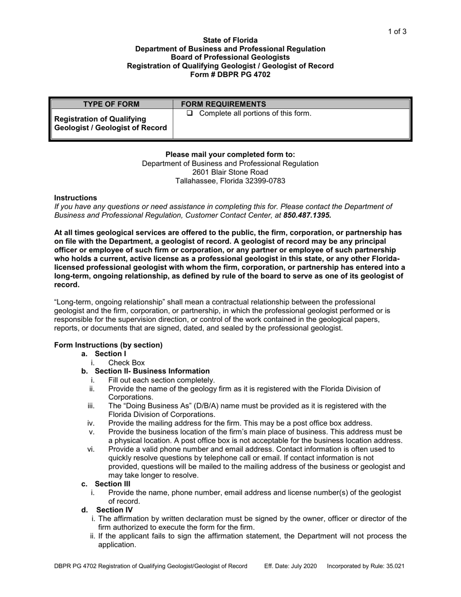 Form DBPR PG4702 Registration of Qualifying Geologist / Geologist of Record - Florida, Page 1