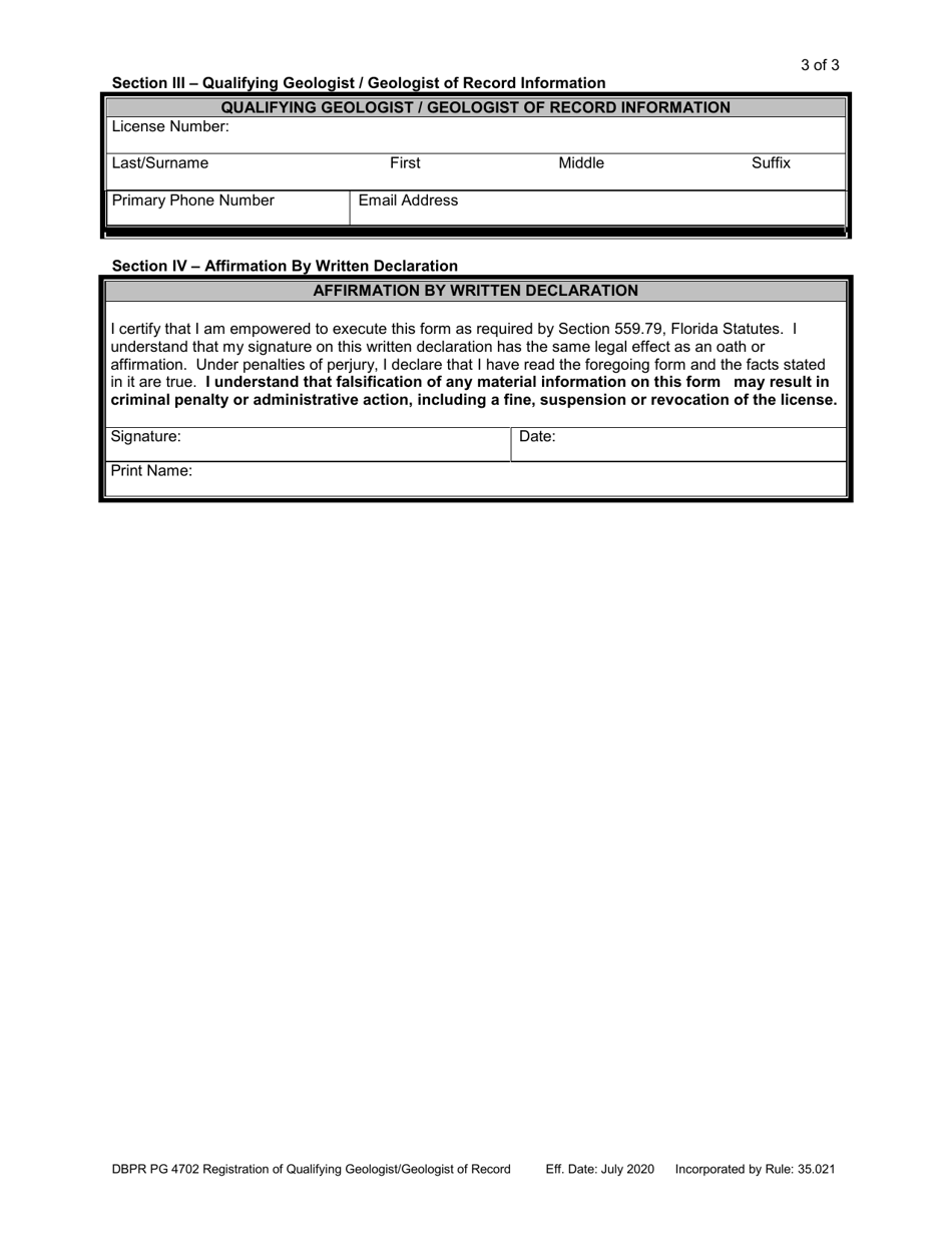 Form DBPR PG4702 Registration of Qualifying Geologist / Geologist of Record - Florida, Page 3