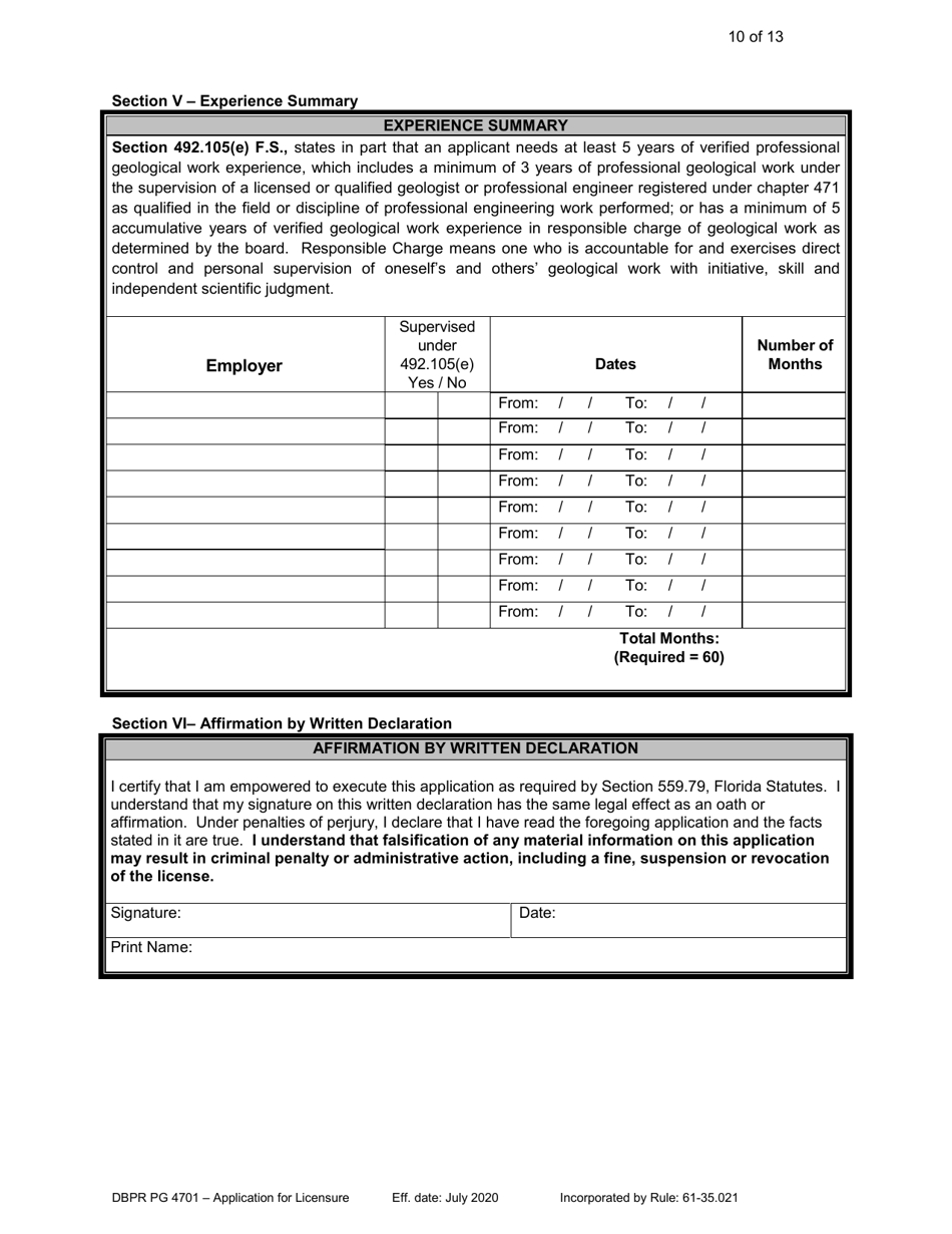 Form DBPR PG4701 Application for Licensure - Florida, Page 10