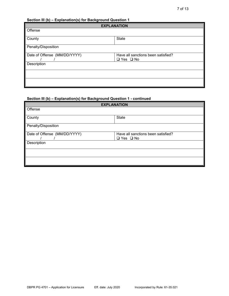 Form DBPR PG4701 Application for Licensure - Florida, Page 7