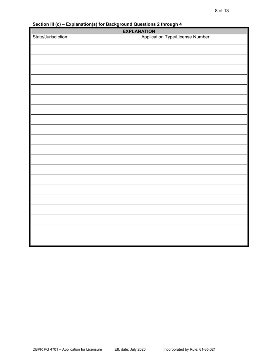 Form DBPR PG4701 Application for Licensure - Florida, Page 8