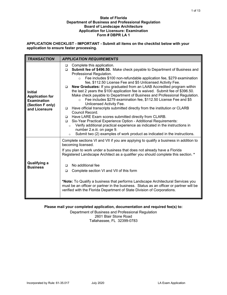 Form DBPR LA1 Application for Licensure: Examination - Florida, Page 1