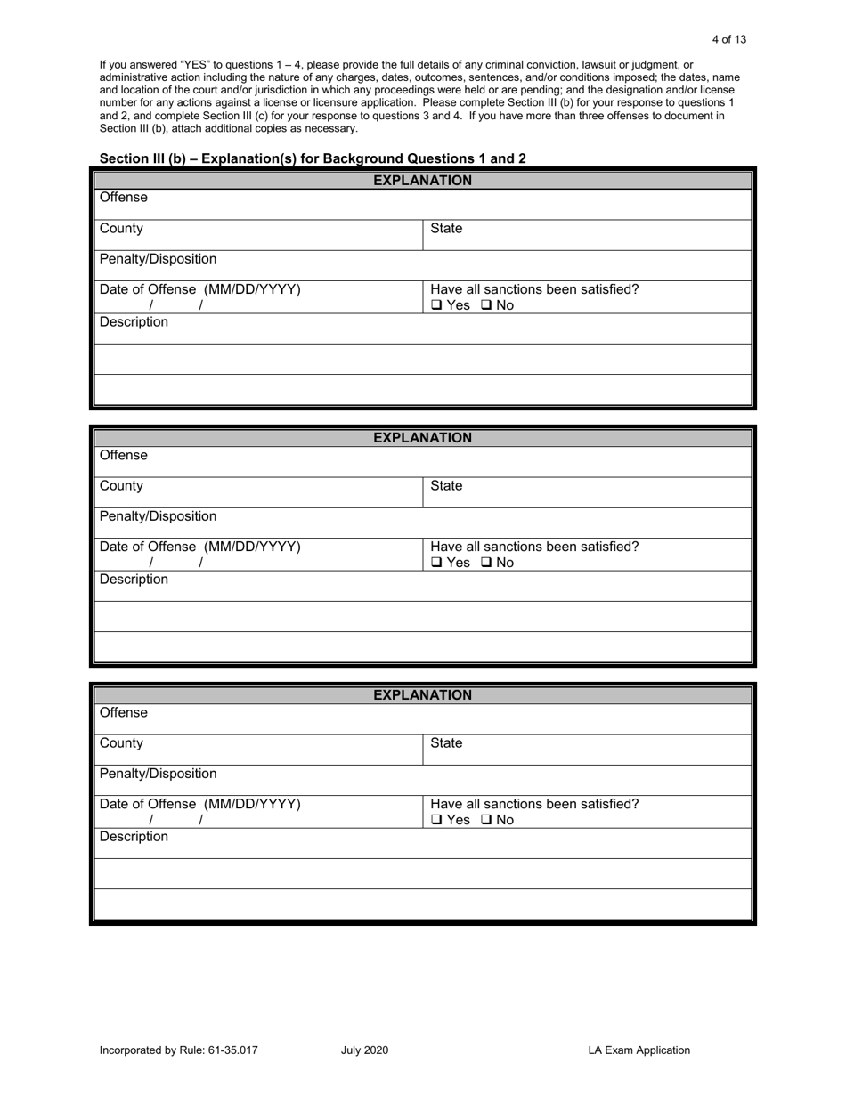 Form DBPR LA1 Application for Licensure: Examination - Florida, Page 4