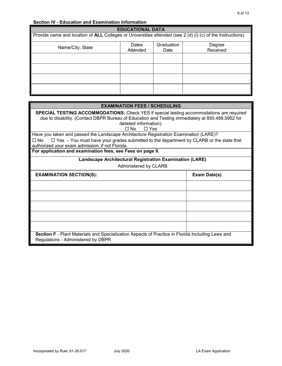Form DBPR LA1 Application for Licensure: Examination - Florida, Page 6