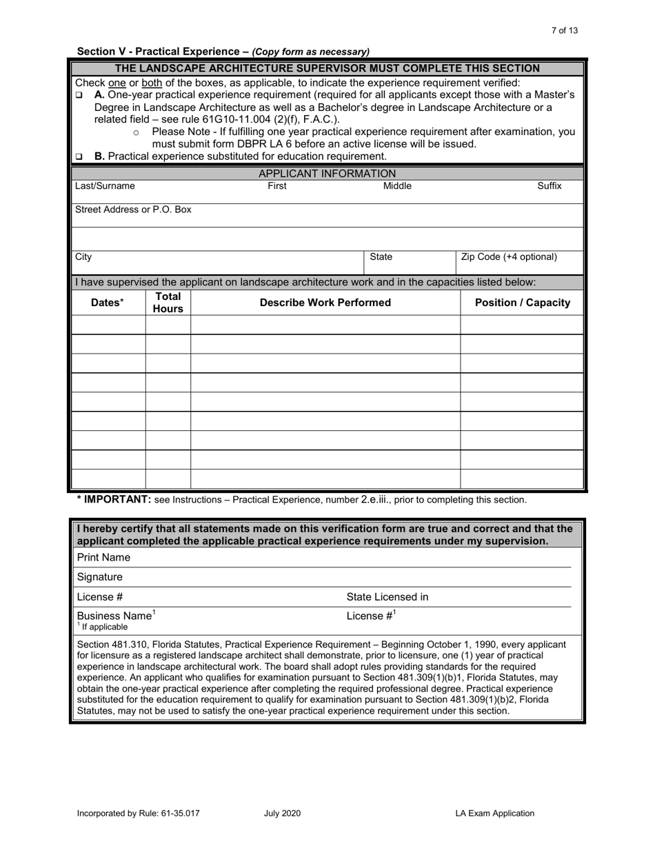Form DBPR LA1 Application for Licensure: Examination - Florida, Page 7