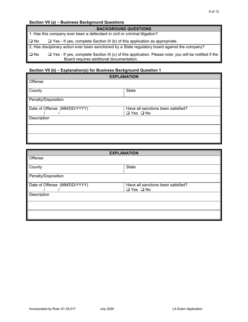Form DBPR LA1 Application for Licensure: Examination - Florida, Page 9