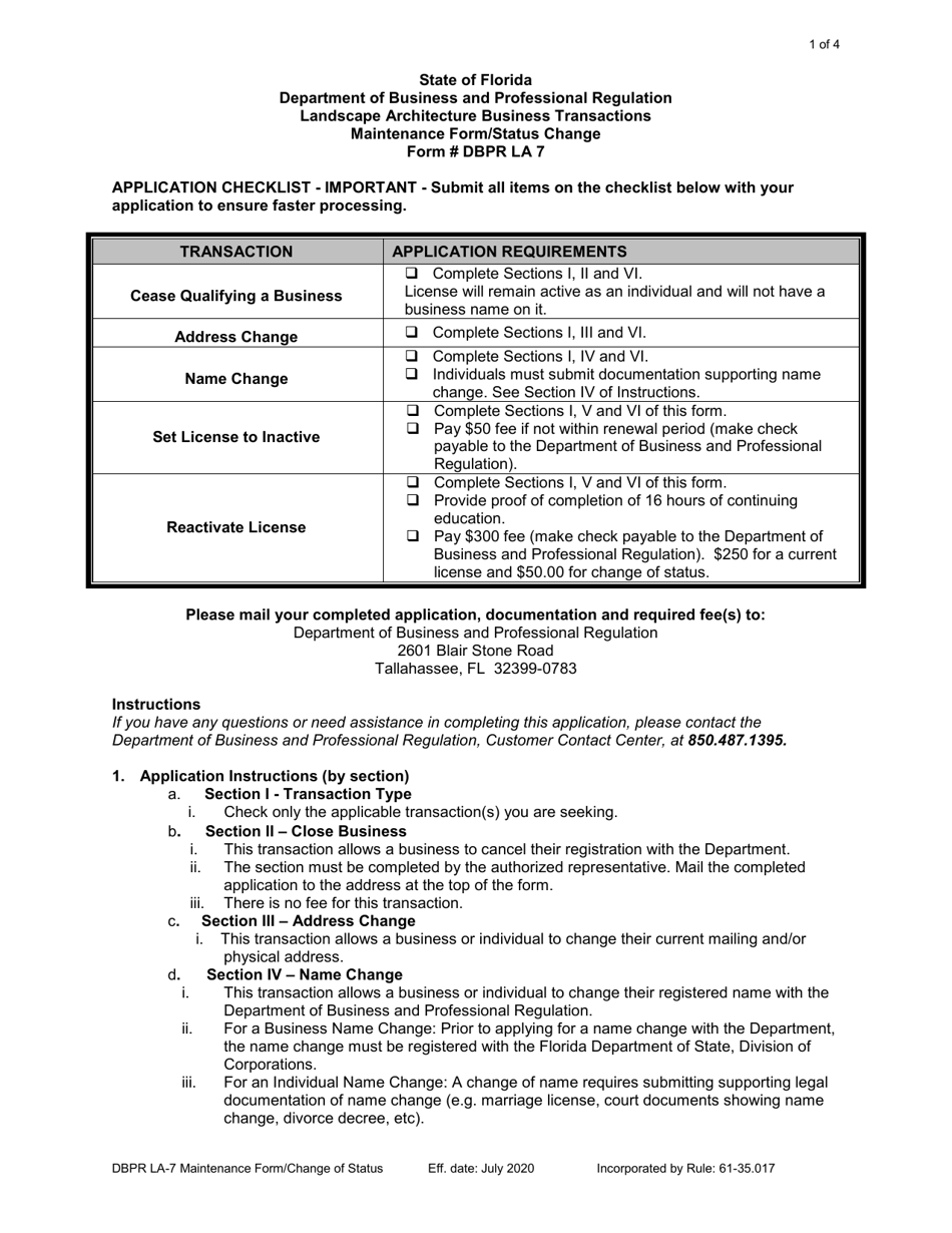 Form DBPR LA7 Maintenance Form / Status Change - Florida, Page 1