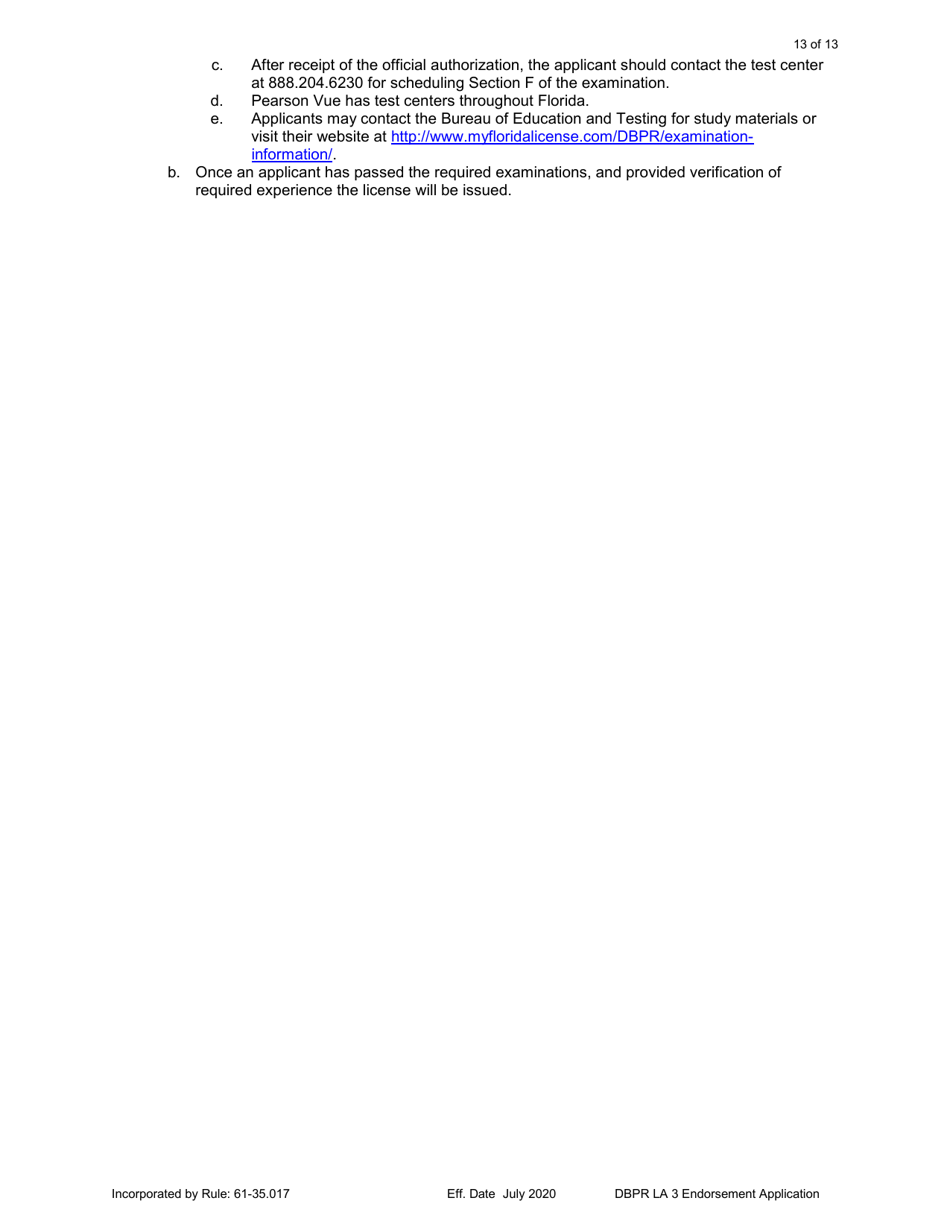 Form DBPR LA3 Application for Licensure: Endorsement - Florida, Page 13